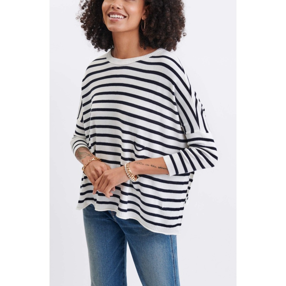NWT MER SEA OS Catalina Traveler Sweater Side Slits Navy Stripe Boxy Mersea - Picture 3 of 14